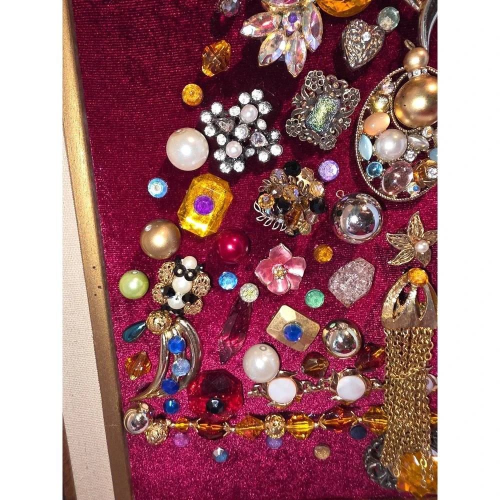Vintage Costume Jewelry Christmas Tree Framed Art Burgundy Velvet Gilt Frame